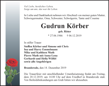 Traueranzeige von Gudrun Körber von Thüringer Allgemeine