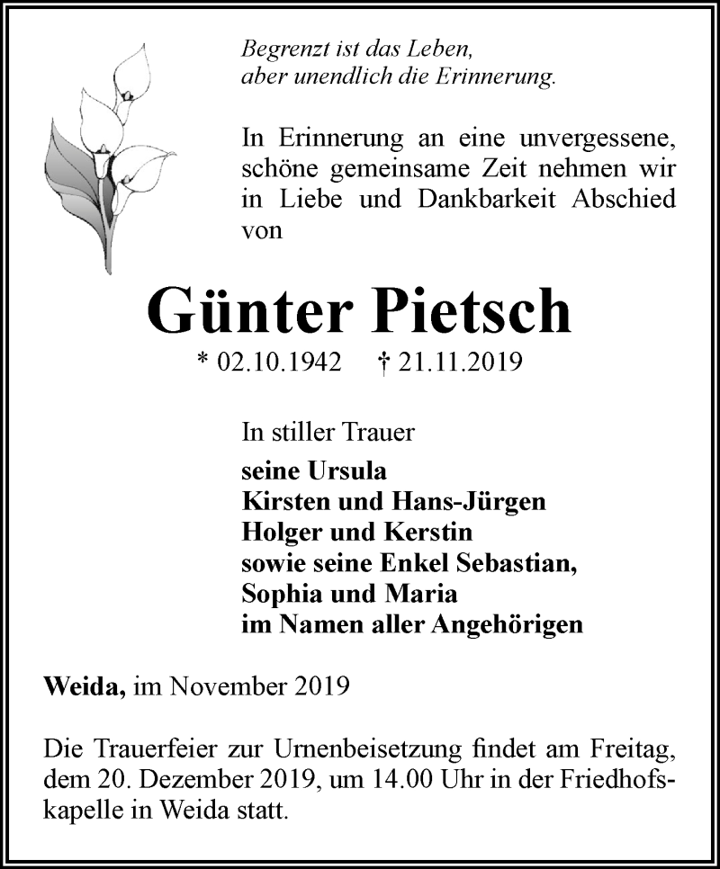  Traueranzeige für Günter Pietsch vom 07.12.2019 aus Ostthüringer Zeitung