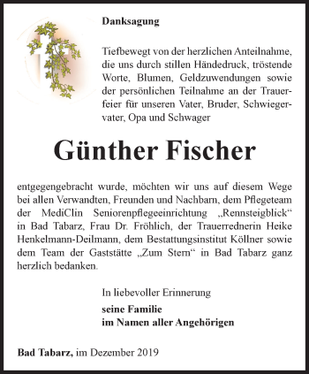 Traueranzeige von Günther Fischer von Ostthüringer Zeitung, Thüringische Landeszeitung