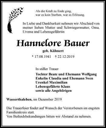 Traueranzeige von Hannelore Bauer von Thüringer Allgemeine