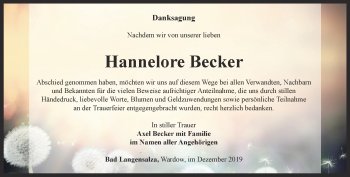 Traueranzeige von Hannelore Becker von Thüringer Allgemeine, Thüringische Landeszeitung