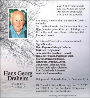 Traueranzeige von Hans Georg Draheim von Thüringer Allgemeine