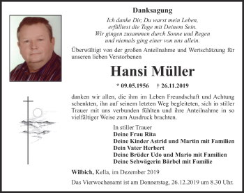 Traueranzeige von Hansi Müller von Thüringer Allgemeine