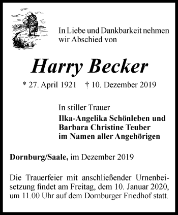 Traueranzeige von Harry Becker von Ostthüringer Zeitung, Thüringische Landeszeitung