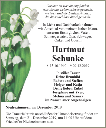 Traueranzeige von Hartmut Schunke von Thüringer Allgemeine, Thüringische Landeszeitung