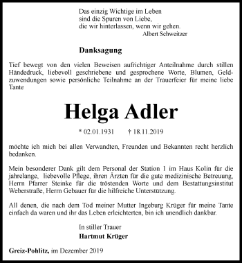 Traueranzeige von Helga Adler von Ostthüringer Zeitung
