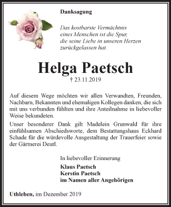 Traueranzeige von Helga Paetsch von Thüringer Allgemeine