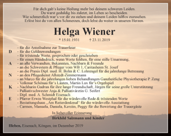 Traueranzeige von Helga Wiener von Thüringer Allgemeine, Thüringische Landeszeitung