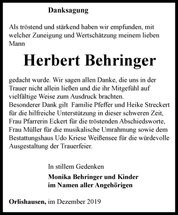 Traueranzeige von Herbert Behringer von Thüringer Allgemeine