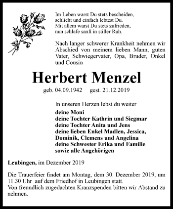 Traueranzeige von Herbert Menzel von Thüringer Allgemeine