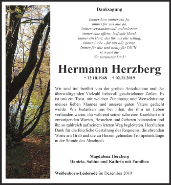 Traueranzeige von Hermann Herzberg von Thüringer Allgemeine