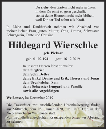 Traueranzeige von Hildegard Wierschke von Thüringer Allgemeine