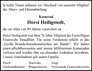 Traueranzeige von Horst Heiligstedt von Thüringer Allgemeine