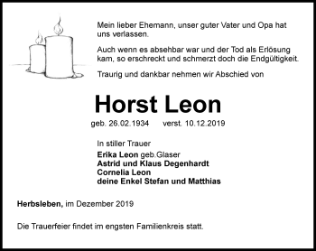 Traueranzeige von Horst Leon von Thüringer Allgemeine, Thüringische Landeszeitung