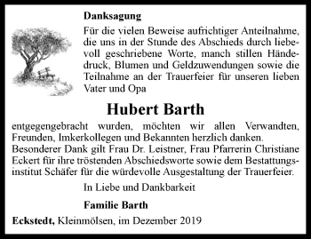 Traueranzeige von Hubert Barth von Thüringer Allgemeine