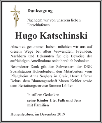 Traueranzeige von Hugo Katschinski von Ostthüringer Zeitung