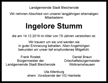 Traueranzeige von Ingelore Stumm von Thüringer Allgemeine