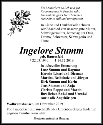 Traueranzeige von Ingelore Stumm von Thüringer Allgemeine