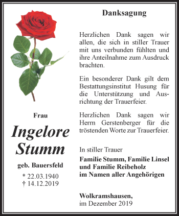 Traueranzeige von Ingelore Stumm von Thüringer Allgemeine