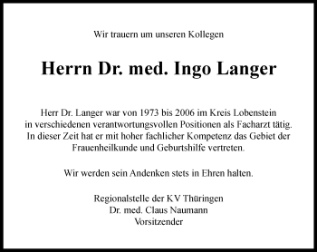 Traueranzeige von Ingo Langer von Ostthüringer Zeitung