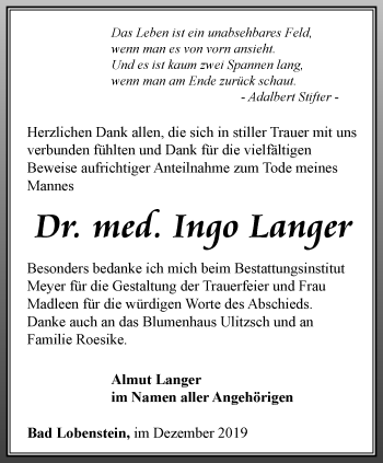 Traueranzeige von Ingo Langer von Ostthüringer Zeitung