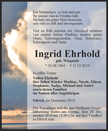 Traueranzeige von Ingrid Ehrhold von Thüringer Allgemeine