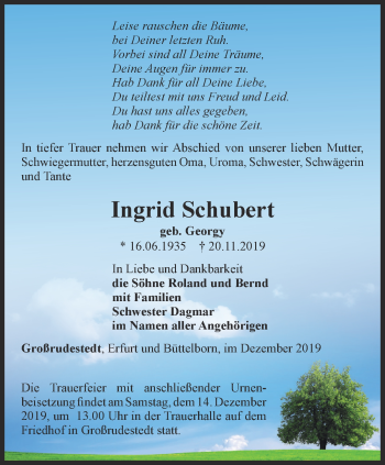 Traueranzeige von Ingrid Schubert von Thüringer Allgemeine