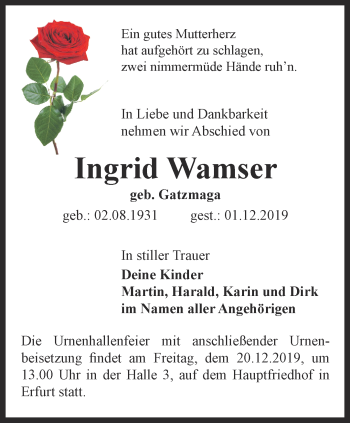 Traueranzeige von Ingrid Wamser