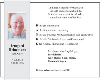 Traueranzeige von Irmgard Heinemann von Thüringer Allgemeine