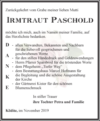 Traueranzeige von Irmtraut Paschold von Ostthüringer Zeitung