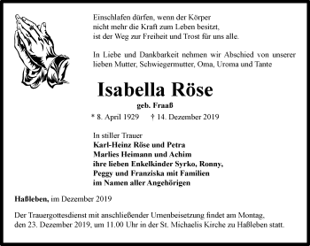 Traueranzeige von Isabella Röse von Thüringer Allgemeine, Thüringische Landeszeitung