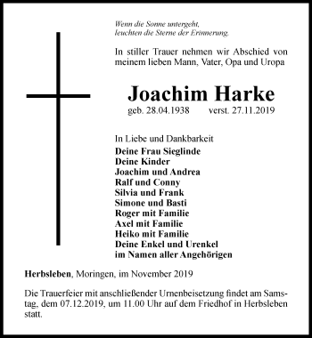 Traueranzeige von Joachim Harke von Thüringer Allgemeine, Thüringische Landeszeitung