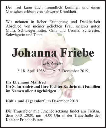 Traueranzeige von Johanna Friebe von Ostthüringer Zeitung, Thüringische Landeszeitung