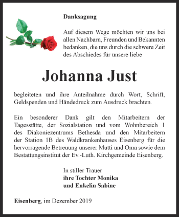 Traueranzeige von Johanna Just von Ostthüringer Zeitung