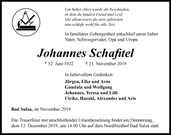 Traueranzeige von Johannes Schafitel von Thüringer Allgemeine, Thüringische Landeszeitung