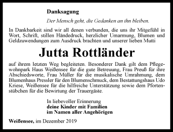 Traueranzeige von Jutta Rottländer von Thüringer Allgemeine