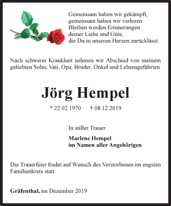 Traueranzeige von Jörg Hempel von Ostthüringer Zeitung
