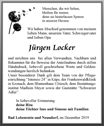 Traueranzeige von Jürgen Locker von Ostthüringer Zeitung