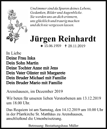 Traueranzeige von Jürgen Reinhardt von Thüringer Allgemeine