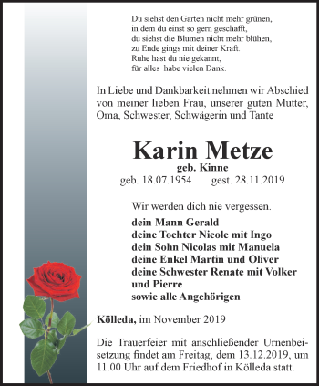 Traueranzeige von Karin Metze von Thüringer Allgemeine