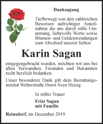 Traueranzeige von Karin Sagan von Ostthüringer Zeitung