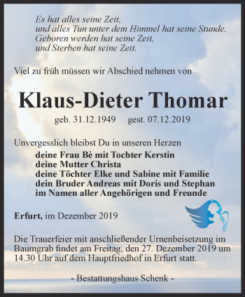 Traueranzeige von Klaus-Dieter Thomar von Thüringer Allgemeine, Thüringische Landeszeitung