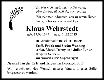 Traueranzeige von Klaus Wehrstedt