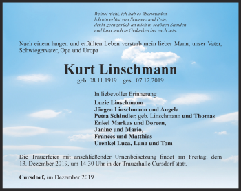 Traueranzeige von Kurt Linschmann von Ostthüringer Zeitung