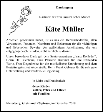 Traueranzeige von Käte Müller von Ostthüringer Zeitung