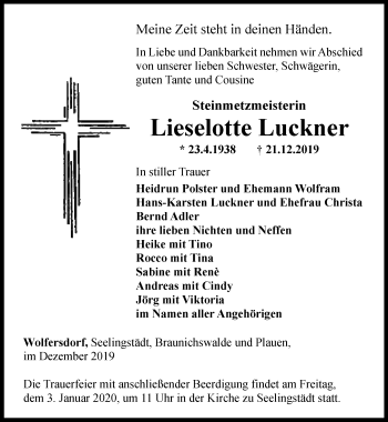 Traueranzeige von Lieselotte Luckner von Ostthüringer Zeitung