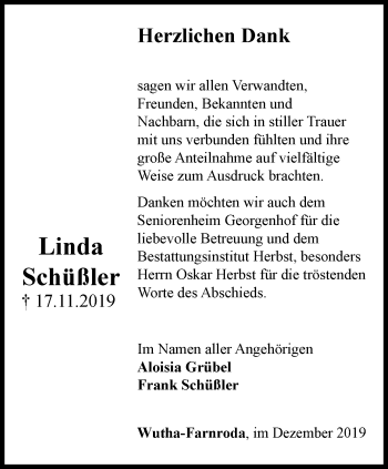 Traueranzeige von Linda Schüßler von Thüringer Allgemeine, Thüringische Landeszeitung