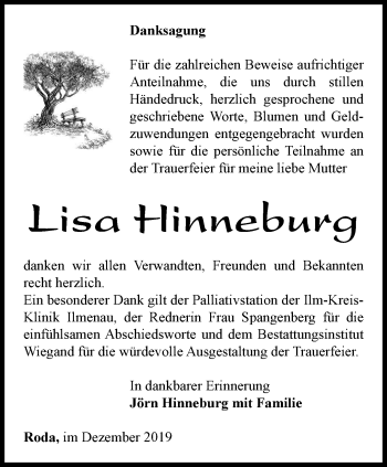 Traueranzeige von Lisa Hinneburg von Thüringer Allgemeine