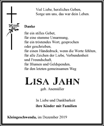 Traueranzeige von Lisa Jahn von Ostthüringer Zeitung