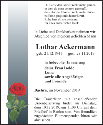 Traueranzeige von Lothar Ackermann von Thüringer Allgemeine
